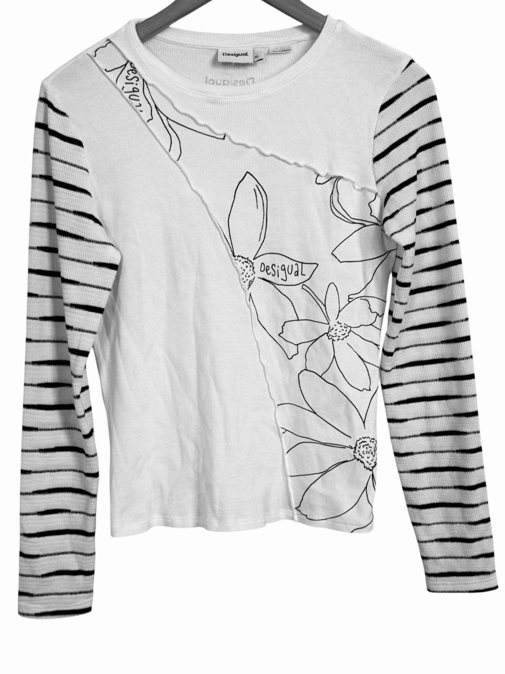 Desigual White Black Floral Stripe Long Sleeve Top Women’s XL Ribbed